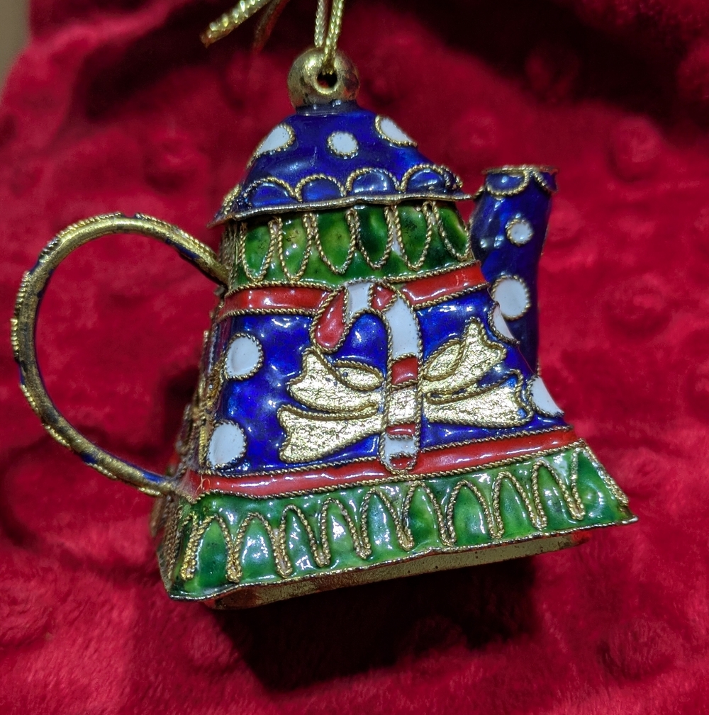 Vintage Chinese Cloisonne Enamel Mini Teapot Christmas Ornament